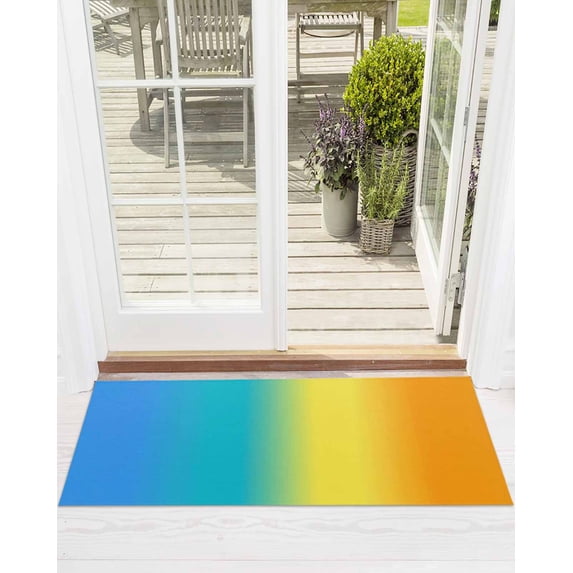 Rainbow Gradient Front Door Mat Abstract Blue Green Yellow Ombre Minimalist Welcome Doormat Indoor Outdoor Entrance Floor Mat Non-Slip Washable Runner Rug for Front Porch Decor 18x60 Inch