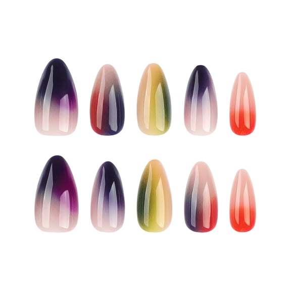 Rainbow Gradient Multi-Color Press on Nails, Medium Pointed Almond Glossy False Nails, 10 Count