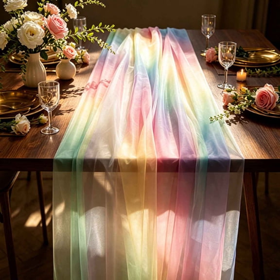 Rainbow Gradient Sheer Table Runner, Ombre Tulle Tablecloth for Party Decor