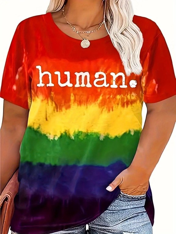 Rainbow Gradient Tie Dye Human Letter Women's T-shirt with Colorful Contrasting Design Comfortable and Casual Short Sleeved