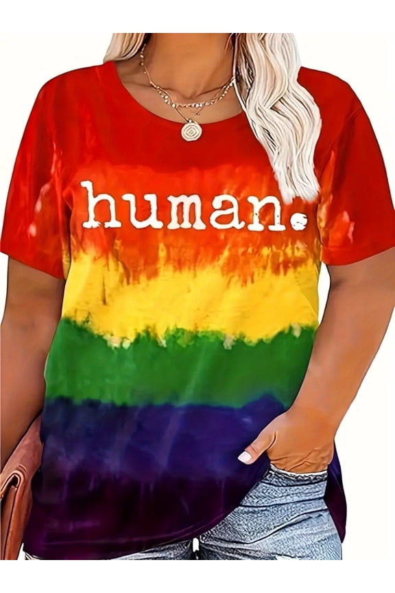 Rainbow Gradient Tie Dye Human Letter Women's T-shirt with Colorful Contrasting Design Comfortable and Casual Short Sleeved