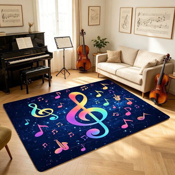Rainbow Gradient Treble Clef Saxophone Starry Floor Mat, Living Room Bedroom Kitchen Decor Mat, Holiday Gift for Music Enthusiasts