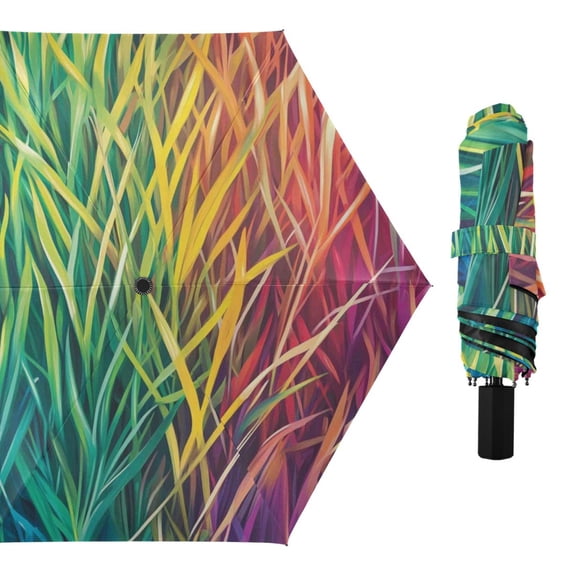 Rainbow Grass All Weather Umbrella Triple Folding Parasol 6 Ribs UV Protection Portable