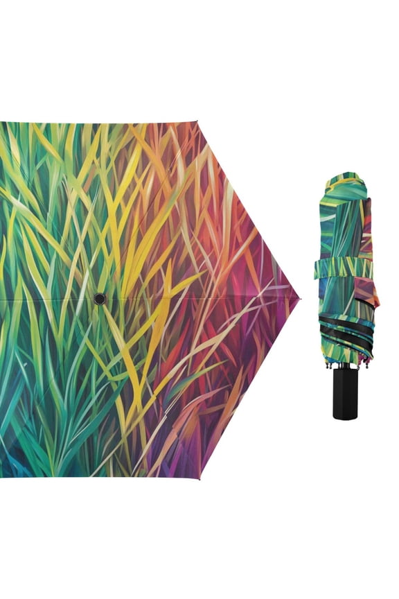 Rainbow Grass All Weather Umbrella Triple Folding Parasol 6 Ribs UV Protection Portable