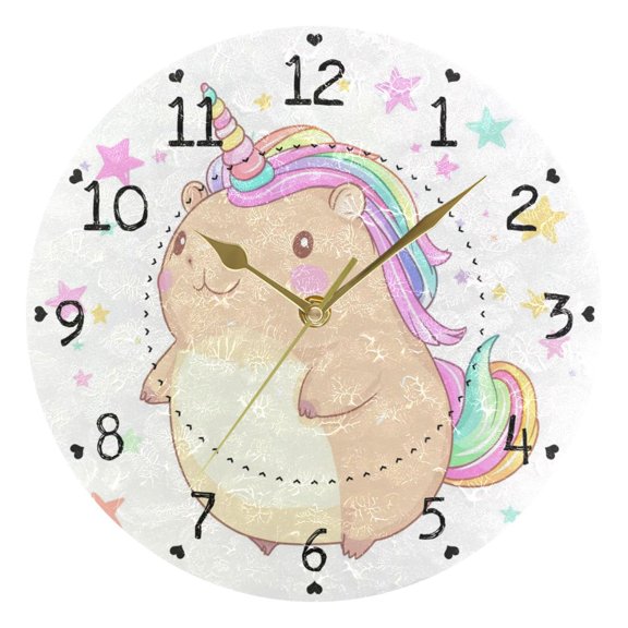 Rainbow Hair Capybara Stars Round Wall Clock Silent Analog Battery Operated Gold Pointer Home Decor 9.84" Diameter