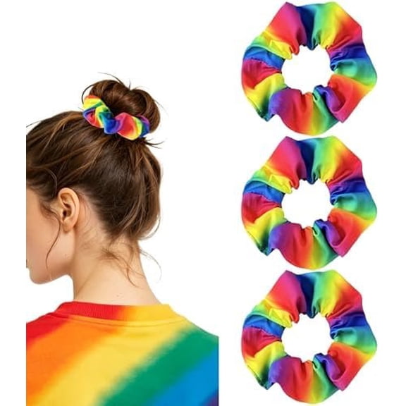Rainbow Hair Scrunchies for Women Satin Elastic Ponytail Holders for Pride Parade Festival 3 count