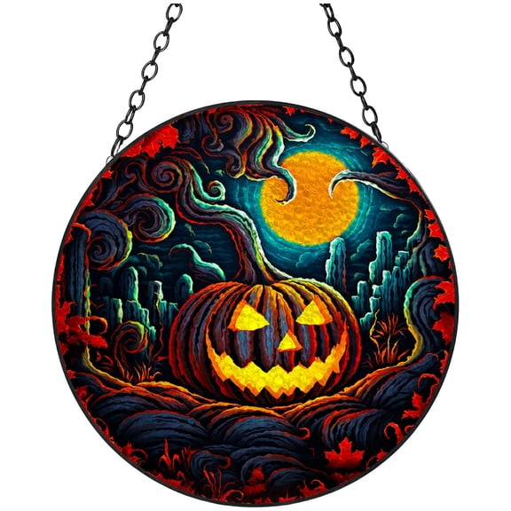 Rainbow Halloween Pumpkin Stained Glass Suncatcher Colored Handmade Window Hangings Glass Suncatcher Crafts Kits for Indoor Garden Christmas Decoration 16x16cm(4)