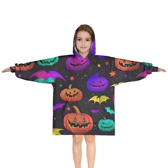 Rainbow Halloween Pumpkins Pattern Blanket Hoodies for Kids 6-13YR Oversize Wearable Blanket Hoodies for Boys Girls Teens