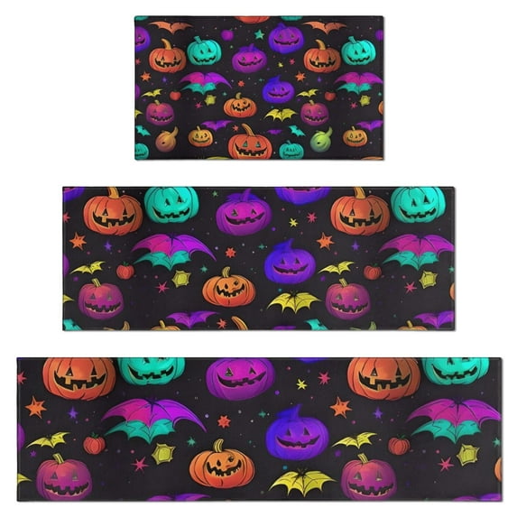 Rainbow Halloween Pumpkins Pattern Kitchen Rugs Sets Of 3,Kitchen Runner Rugs Non Skid Washable,Decorative Kitchen Floor Mats for Kitchen,Sink,Laundry,17"x30"+ 17"x47" + 17"x59"
