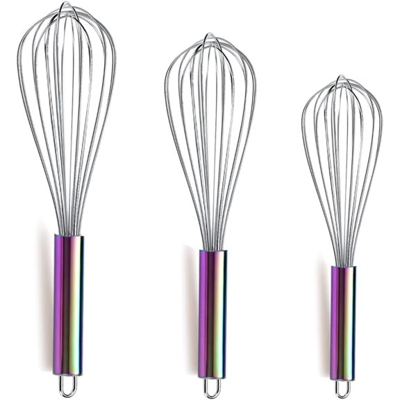 Rainbow Handle Whisk Pack of 3, Stainless Steel 8", 10", 12", Titanium Plating Colorful Handle Whisks for Cooking, Beater, Wire Whisk Set Kitchen Wisk (Rainbow Handle)