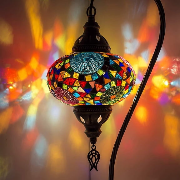 Rainbow Handmade Mosaic Glass Swan Neck Table Lamp - Tiffany Style, LED Bulb Included, 17.3x6.7x6.7 inches, 3.2 pounds, Turkish Lamp