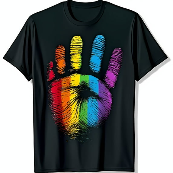 Rainbow Handprint Design Black T-Shirt Bold Symbol of Inclusion & Acceptance