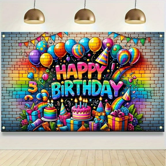 Rainbow Happy Birthday Backdrop Brick Wall Funny Graffiti Colorful Painting Splatter Photo Background Photo Shoot Props Supplies Decoration
