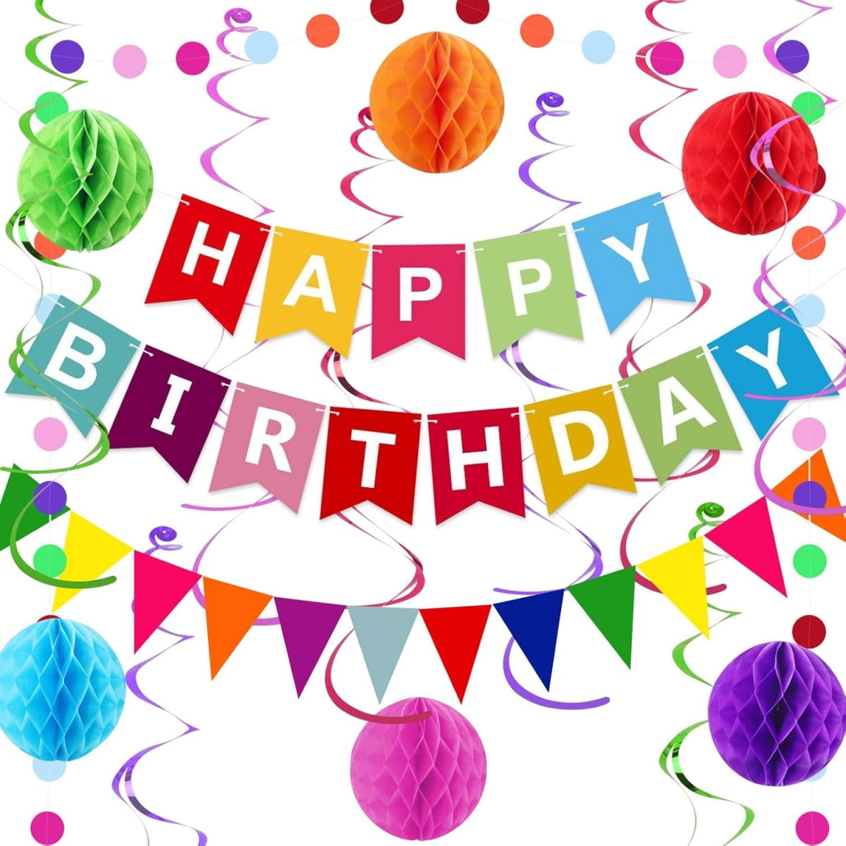 Rainbow Happy Birthday Banner & Garland Set - 8ft Pre-Strung Felt Ball Garland, 3D Triangle Flags Party Decor