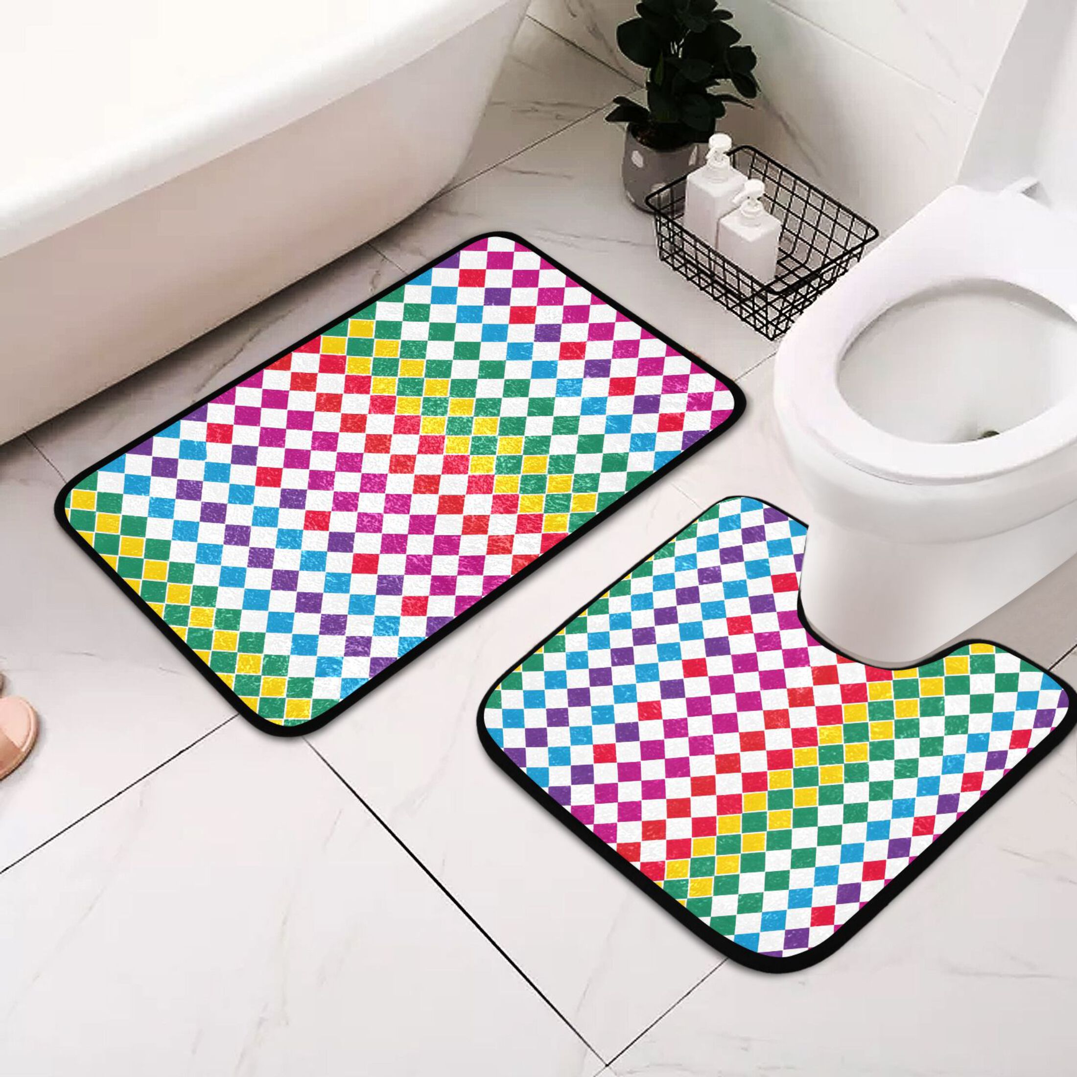 Rainbow Harlequin Squares 2 Pcs Bathroom Rugs set NonSlip Absorbent