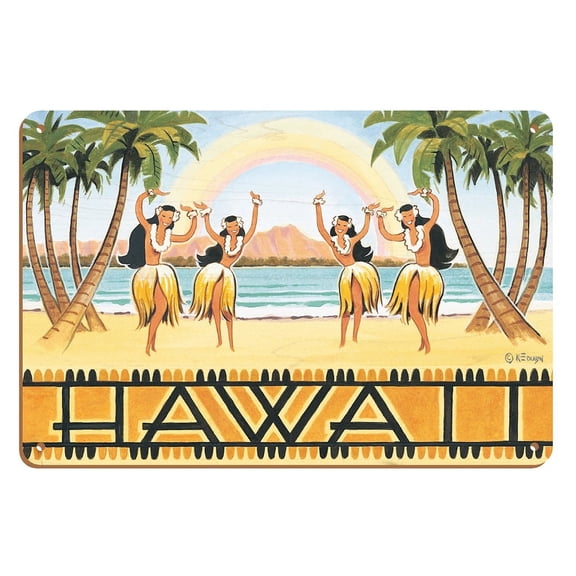 Rainbow Hawaii - Hula Dancers - Vintage Travel Poster by Kerne Erickson - 8 x 12 inch Vintage Wood Art Sign