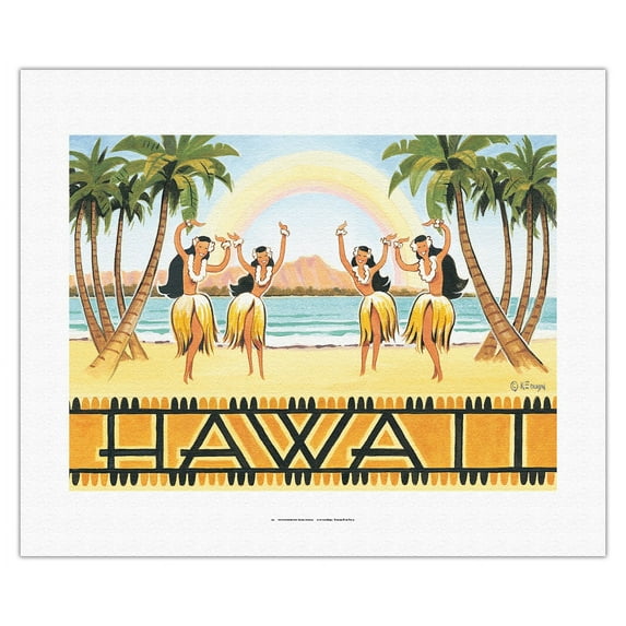 Rainbow Hawaii - Hula Dancers - Vintage Travel Poster by Kerne Erickson - Fine Art Rolled Canvas Print 16in x 20in