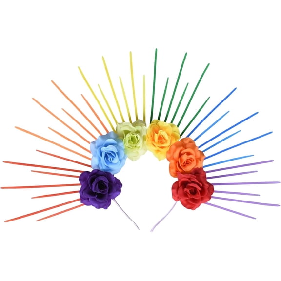 Rainbow Headbands Halo Sun Flower Crown LGBTQ Hair Accessories, Sunburst Spiked Headdress Headpieces Pride Outfits for Pride Day Parade Halloween Carnival Party Costume Accessory