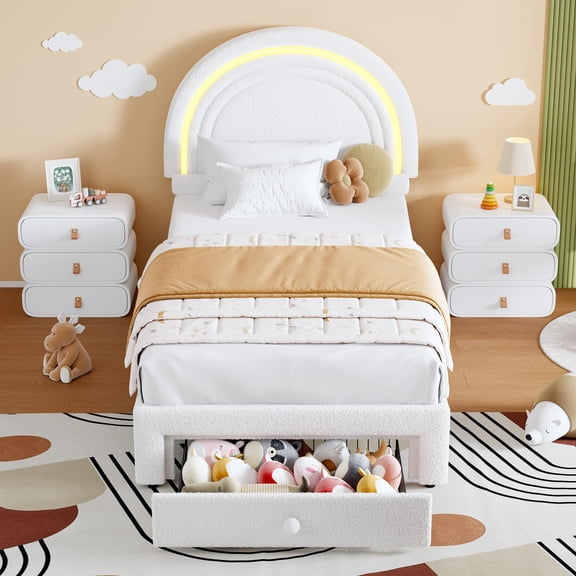 Rainbow Headboard Twin Platform Bed - Berber Fleece Princess Style, LED Lights & Storage Drawer, No Box Spring Needed