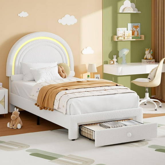 Rainbow Headboard Twin Platform Bed - Berber Fleece Princess Style, LED Lights & Storage Drawer, No Box Spring Needed