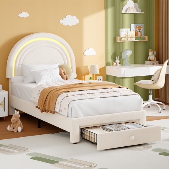 Rainbow Headboard Twin Platform Bed - Berber Fleece Princess Style, LED Lights & Storage Drawer, No Box Spring Needed