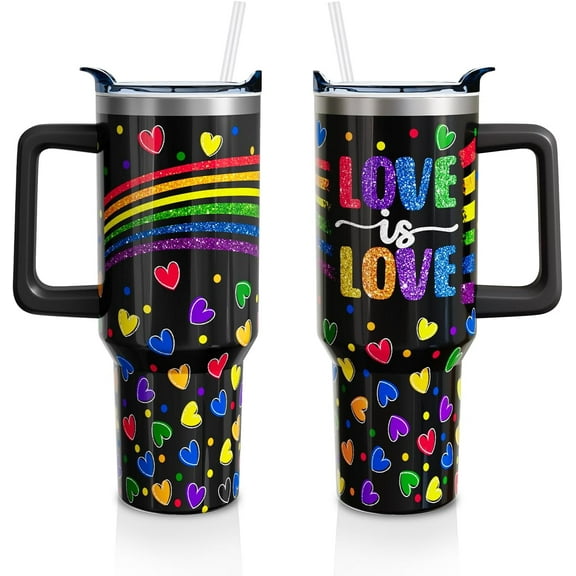 Rainbow Heart 40oz Tumbler with Handle & Straw, Stainless Steel Insulated Water Bottle Cup - LGBT Pride Month Gift for Women and Men