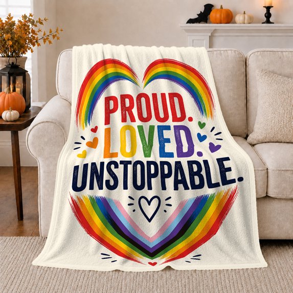 Rainbow Heart Arcs Framing Bold Pride Lettering, Soft Flannel Blanket with Expressive Pride Typography Print, Housewarming Gift and Home Decor for Bedroom and Living Room