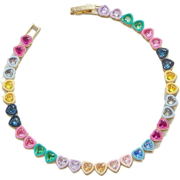 Rainbow Heart Crystal Tennis Bracelet, Multi-Color Stones Gold Plated S925 Sterling Silver Bracelets Gift For Her