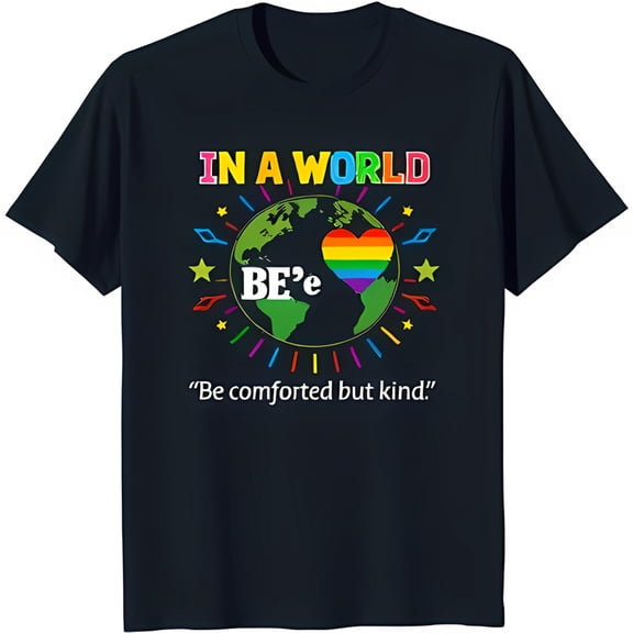 Rainbow Heart Earth Graphic T-Shirt 'In a World Be'e Be Comforted but Kind' Black Tee for LGBTQ Pride