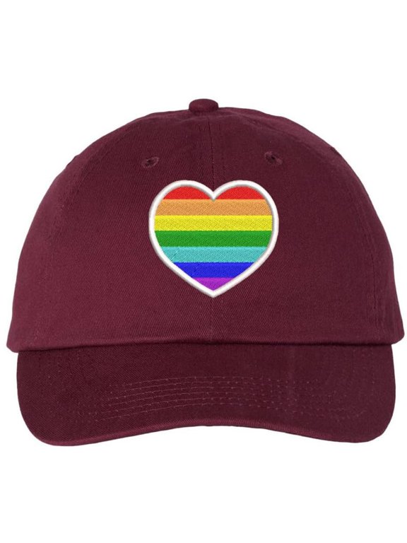 Rainbow Heart Embroidered Dad Hat LGBTQ+ Pride Fashion Gender Neutral Adjustable Baseball Cap (Maroon)