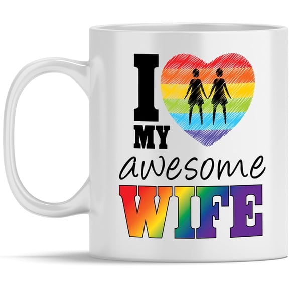 Rainbow Heart Mug "I Love My Wife" Colorful Ceramic Coffee Cup with Love Design Gift for Friends, Lesbian, LGBT or Loved Ones Birthday, Anniversary, 11oz