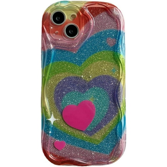 Rainbow Heart Phone Case Compatible with iPhone 14 Pro, Wavy Edge Cute Aesthetic Rainbow Twisted Glitter Love Heart Phone Cover for Women Girls