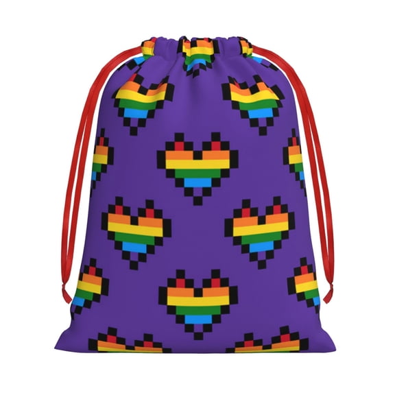 Rainbow Heart Pixel Art LGBT Drawstring Gift Bag Soft Pouch Reusable Favor Bags for Christmas, Halloween, Candy, Wedding, Birthday