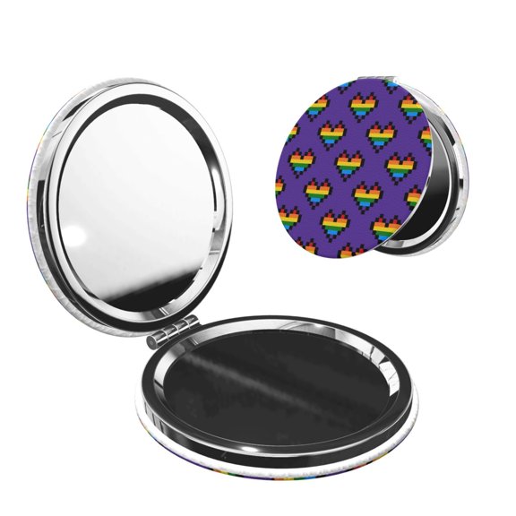 Rainbow Heart Pixel Art LGBT Portable Double-Sided Face Mirror Round Shape, Magnifying Compact Pocket Mirror with PU Leather Cover