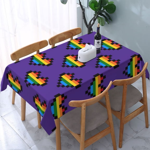 Rainbow Heart Pixel Art LGBT Rectangular Tablecloth 54"x 72" Waterproof Rectangle Table Cover Cloth for Kitchen Dining Room Picnic Home Party