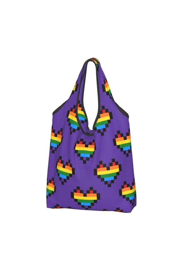 Rainbow Heart Pixel Art LGBT Reusable Grocery Bags Shopping Totes Foldable Washable Pouch Handbag Storage Bag