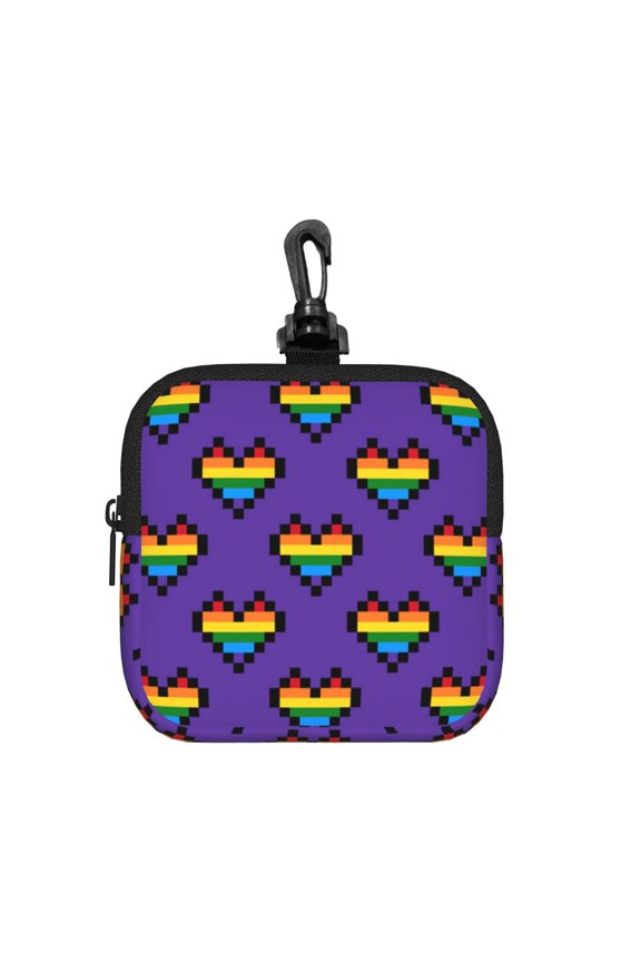 Rainbow Heart Pixel Art LGBT Square Gear Pouch with Lobster Clasp Waterproof Tech Accessory Organizer, Key & Coin Case