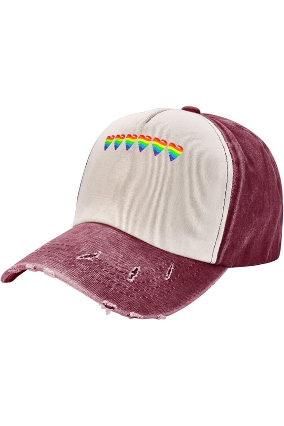 Rainbow Heart Print LGBT Distressed Baseabll Cap Cotton Dad Hat Adjustable Ripped Ball Caps for Women Men,Dark Red