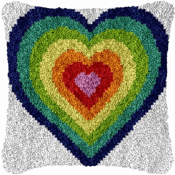 Rainbow Heart-Shape Latch Hook Kits Pillow Printed Canvas DIY Handmade Cushion Crochet Yarn Needlework Hook Latch Kit Embroidery Pillowcase Rug Cover Christmas Home Sofa Decoration 43x43cm