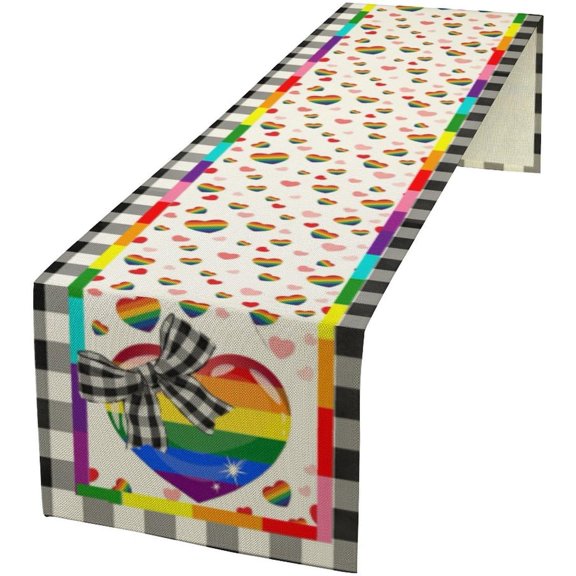 Rainbow Heart Table Runner, Black White Buffalo Plaid Bows Pride Day Lesbian Gay Bisexual Transgender Queer Homosexual Equality Decorations for Kitchen Dining Party, 13x36 Inch