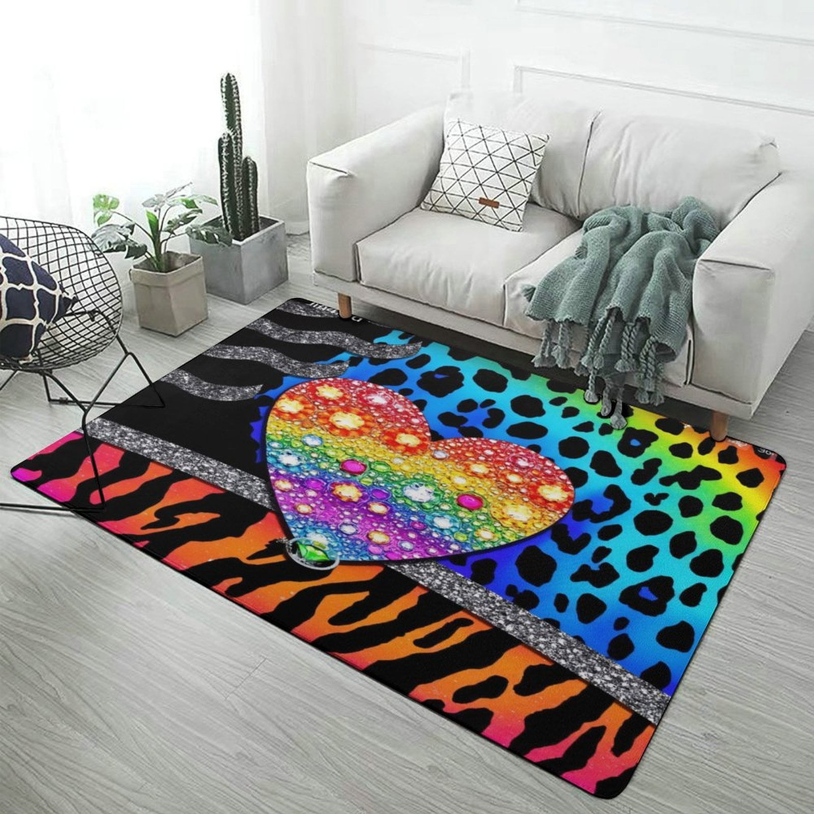 Rainbow Heart on Leopard Print Carpet Style Living Room Bedroom Rug ...