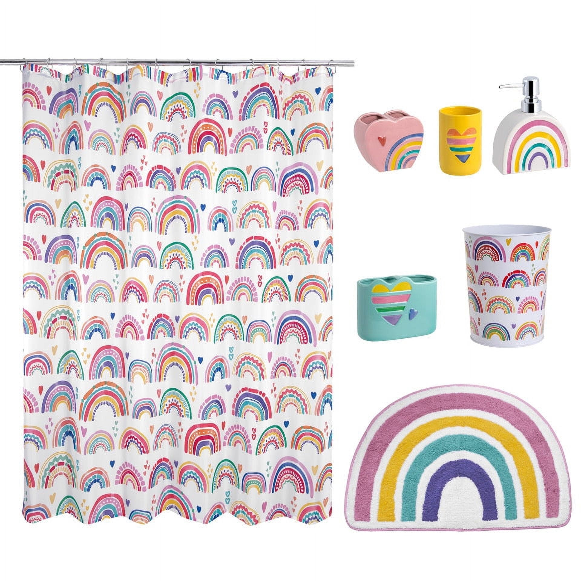 Rainbow Hearts Multicolored Ceramic and Fabric 7-Piece Bath Set