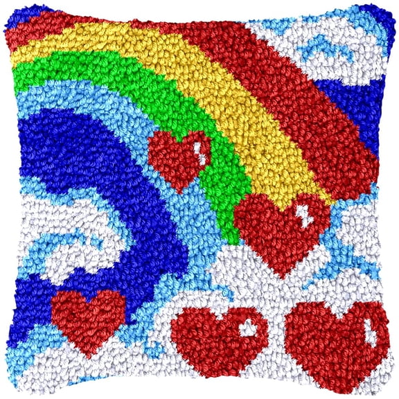 Rainbow & Hearts Latch Hook Kits Pillow Cover DIY Rug Making Crochet Hook Cushion Making Kits with Preprinted Pattern Canvas DIY Needlework Crochet Kits Sofa Decor 43x43cm