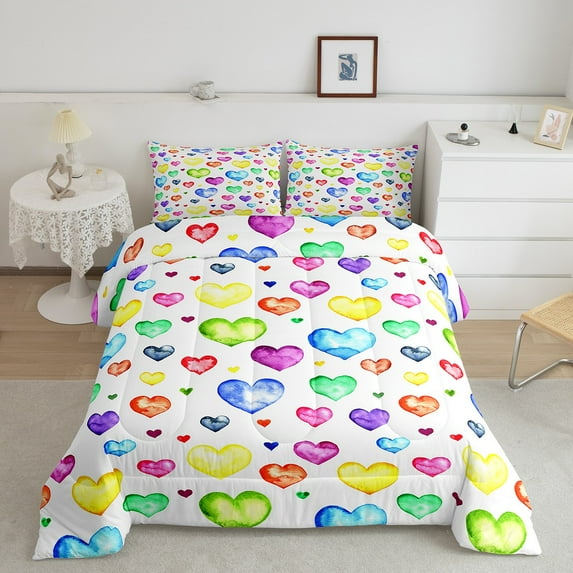 Rainbow Hearts Print Bedding Set Twin Watercolor Love Heart Comforter Set Colorful Rainbow Duvet Insert White Blue Pink Quilt Comforter Kids Girl Toddler Bedding Comforters & Sets Microfiber Cozy 2pcs