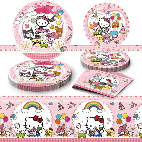 Rainbow Hello Kitty Party decoration 41 pieces cartoon theme disposable tableware set includes 20 paper plates in two sizes, 20 paper towels, 1 waterproof cartoon character tablecloth