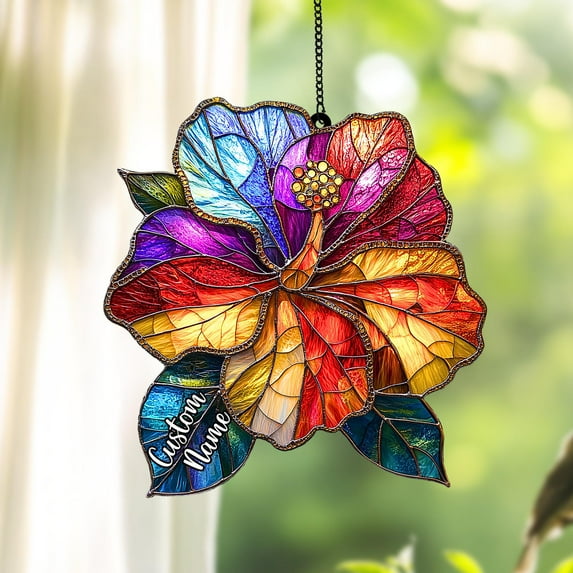 Rainbow Hibiscus Faux Stained Glass Suncatcher – Tropical Flower Acrylic Window Hanging Colorful Floral Decor Gift for Summer Nature Lovers 4347275217 7682