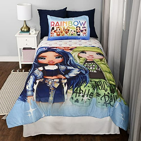 Rainbow High 4 Pieces Multicolor Plush Fabric Twin Bedding Sheet Set with Reversible Comforter for Kids