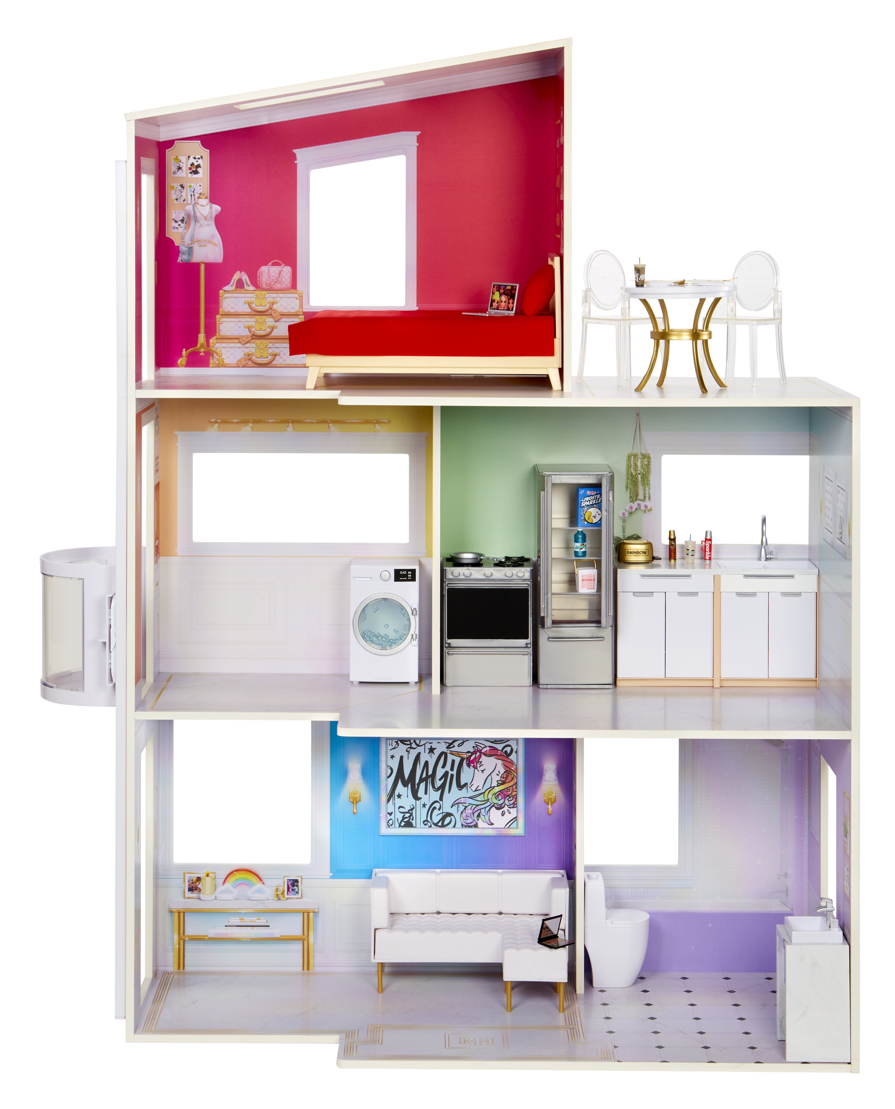 Rainbow High Child's Wooden 3-Storey Dollhouse, White, 19.9''