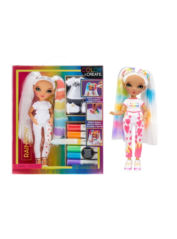Rainbow High Color & Create Fashion DIY Doll, Washable Rainbow Markers, Green Eyes, Straight Hair, Pig Tails, Play, Rinse, Repeat. Creative Toy Gift. Kids 4-12