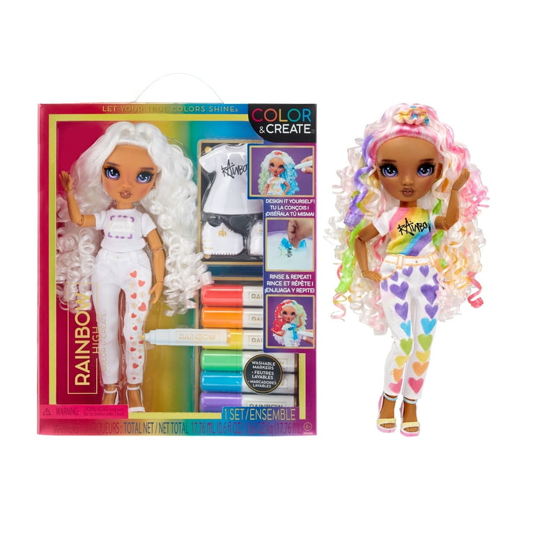 Rainbow High Color Create Fashion DIY Doll with Washable Rainbow Markers Purple Eyes Curly Hair Bonus Top Shoes. Color Create Play Rinse